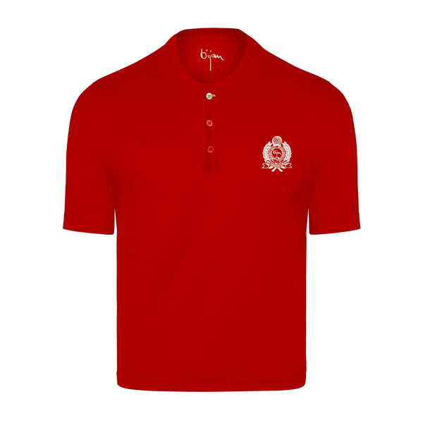 Red Round Neck Short Sleeve T-Shirt with 3 Buttons