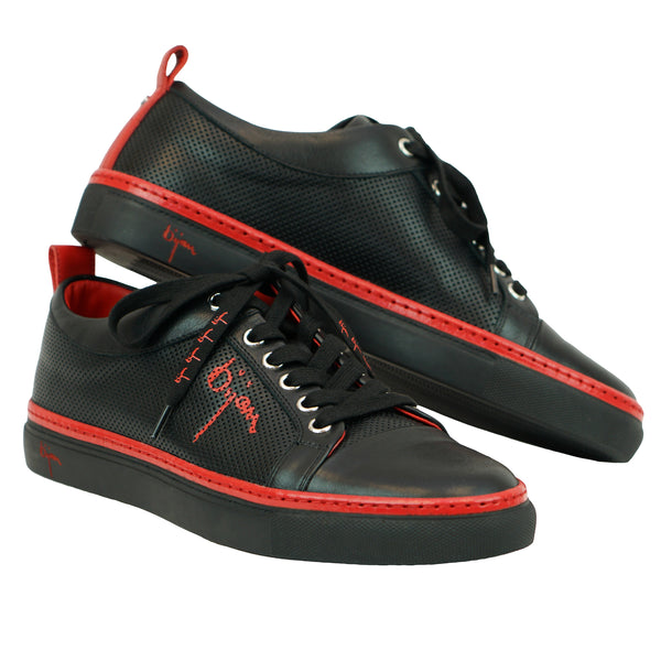 Black Fine Leather Sneakers with Bijan Red Detail