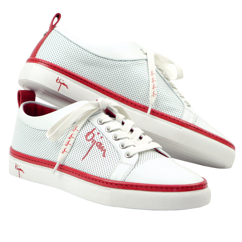 White Fine Leather Sneakers with Bijan Red Detail