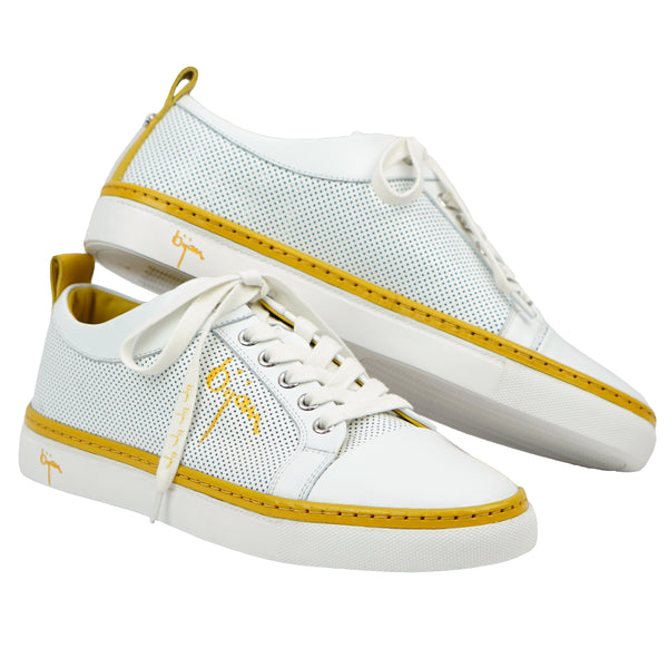 White Fine Leather Sneakers with Bijan Yellow Detail