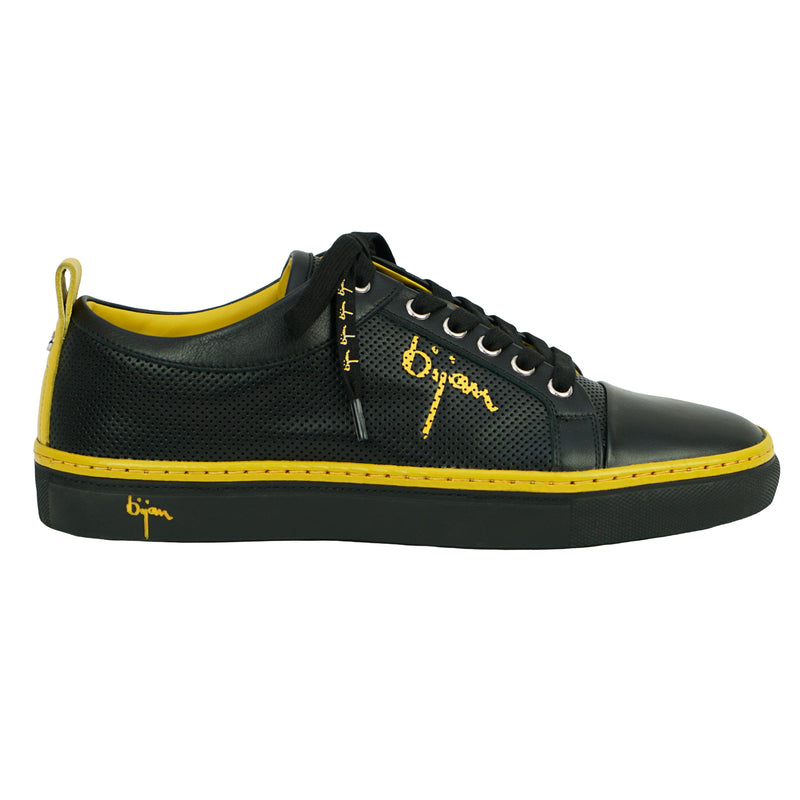 Black Fine Leather Sneakers with Bijan Yellow Detail