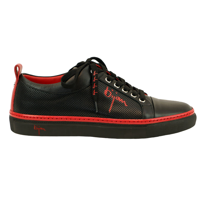 Black Fine Leather Sneakers with Bijan Red Detail