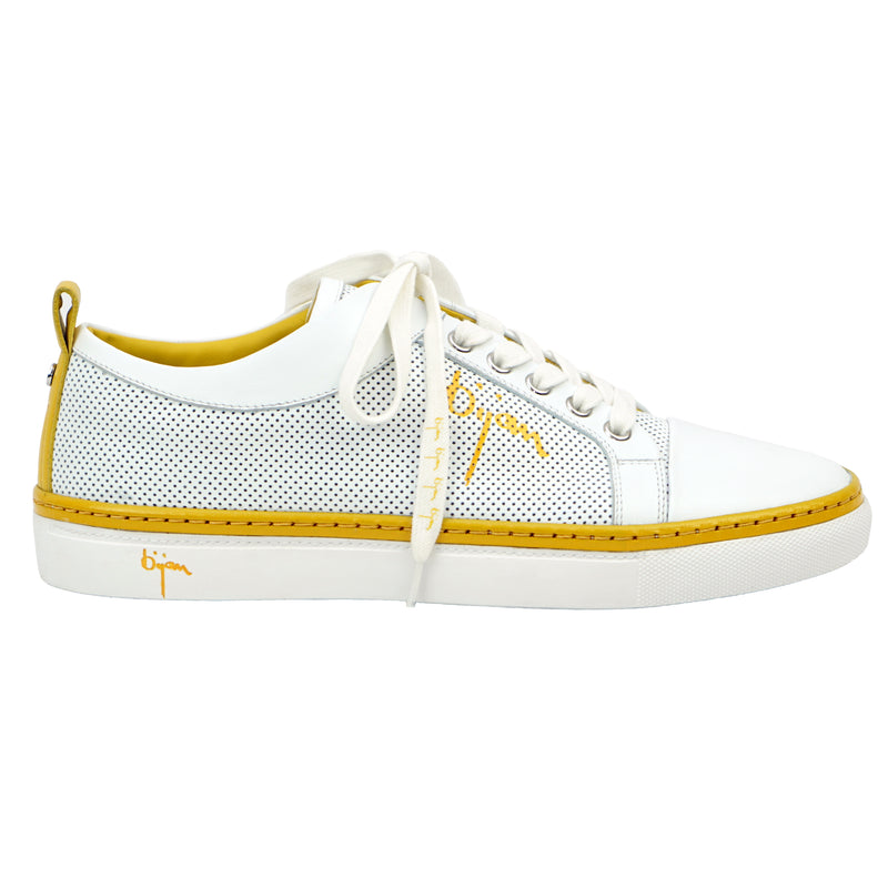 White Fine Leather Sneakers with Bijan Yellow Detail