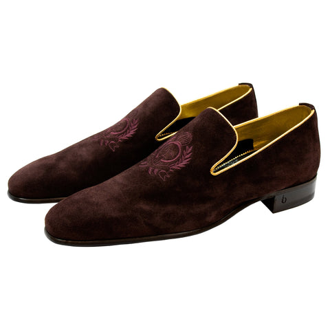 Burgundy and Gold Suede Loafer House of Bijan Burgundy and Gold Suede Loafer House of Bijan